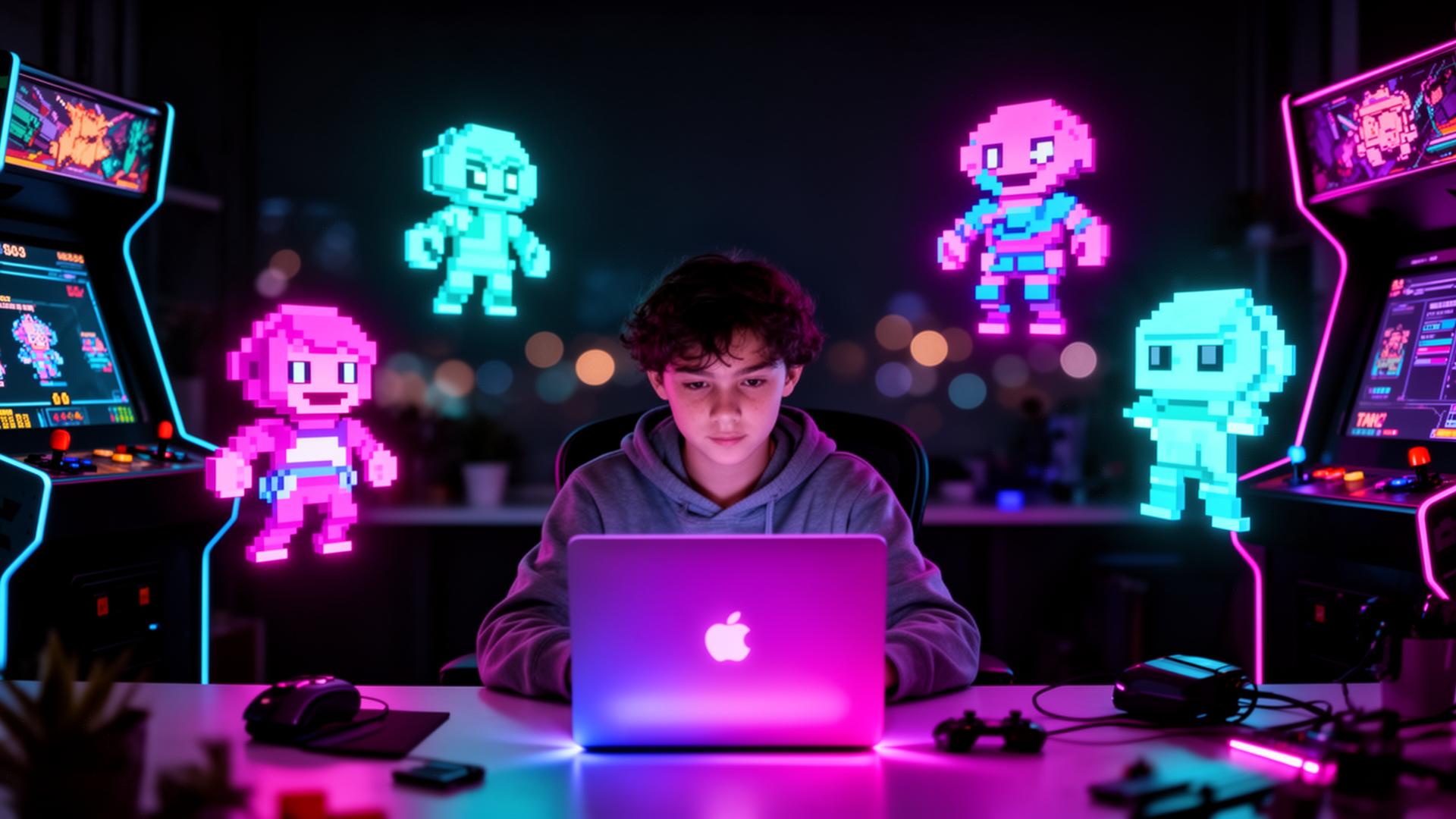 Young game studio founder building a neon arcade prototype with AI tools